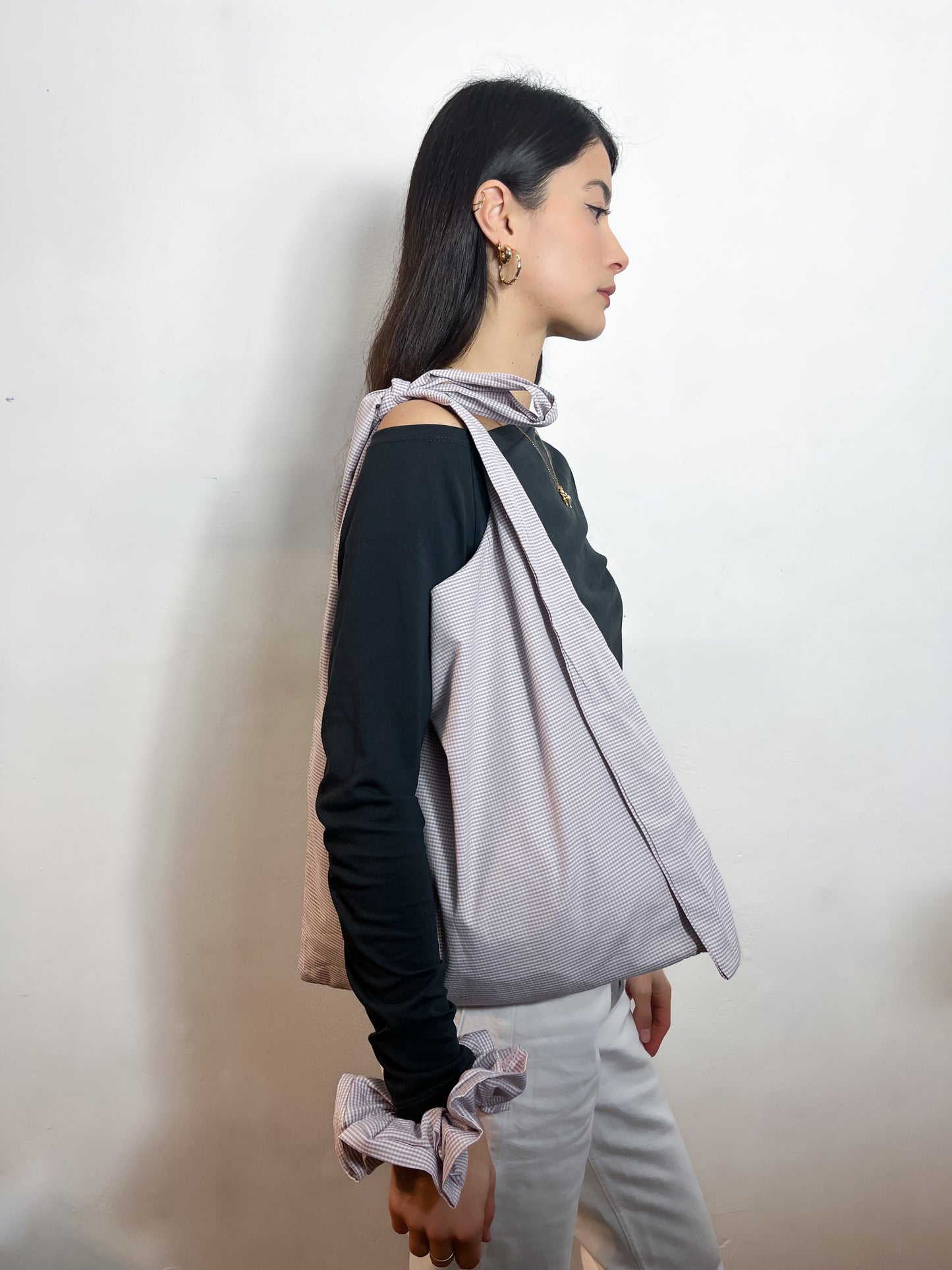 Dasukii Crossbody Tote in Lilac & Grey Cotton Poplin