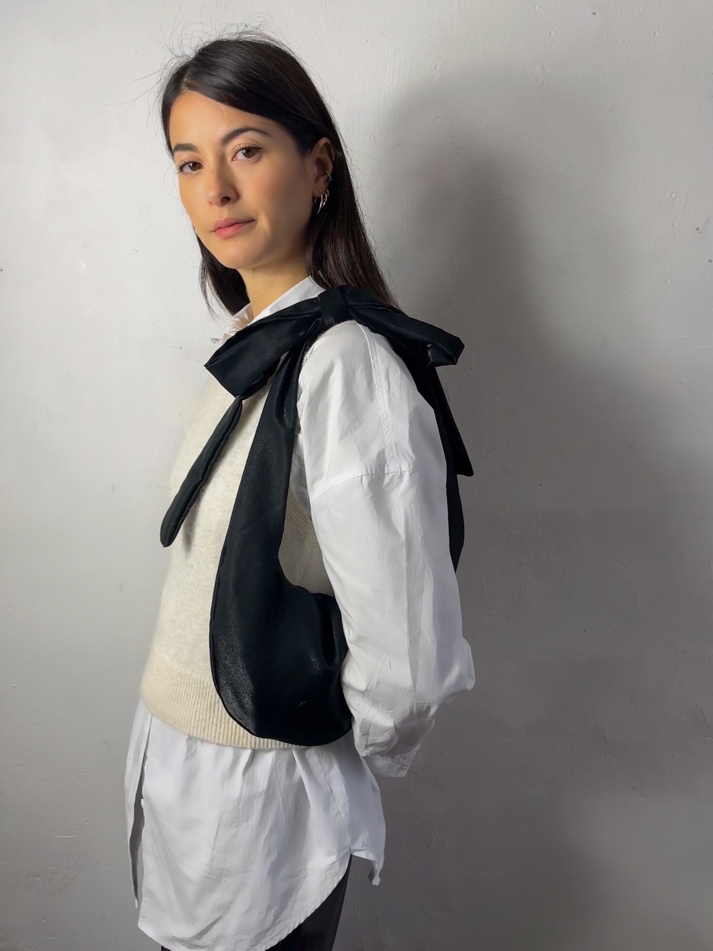 Luccichio Crossbody Sling Bag in Metallic Black Stretch Taffeta