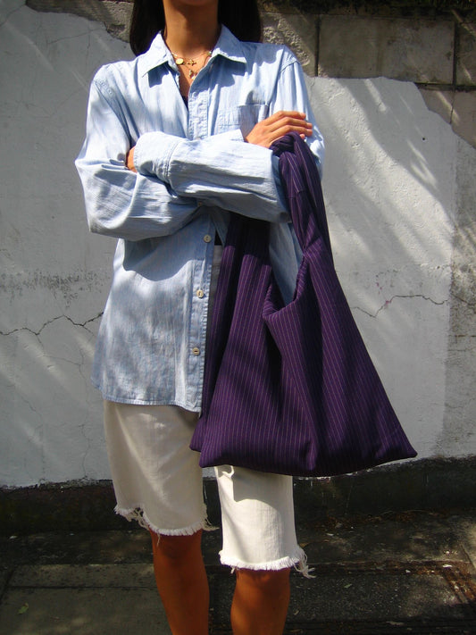 Pinstripe Crossbody Tote in Aubergine Georgette