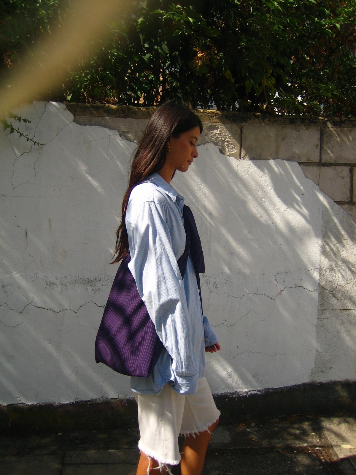 Pinstripe Crossbody Tote in Aubergine Georgette