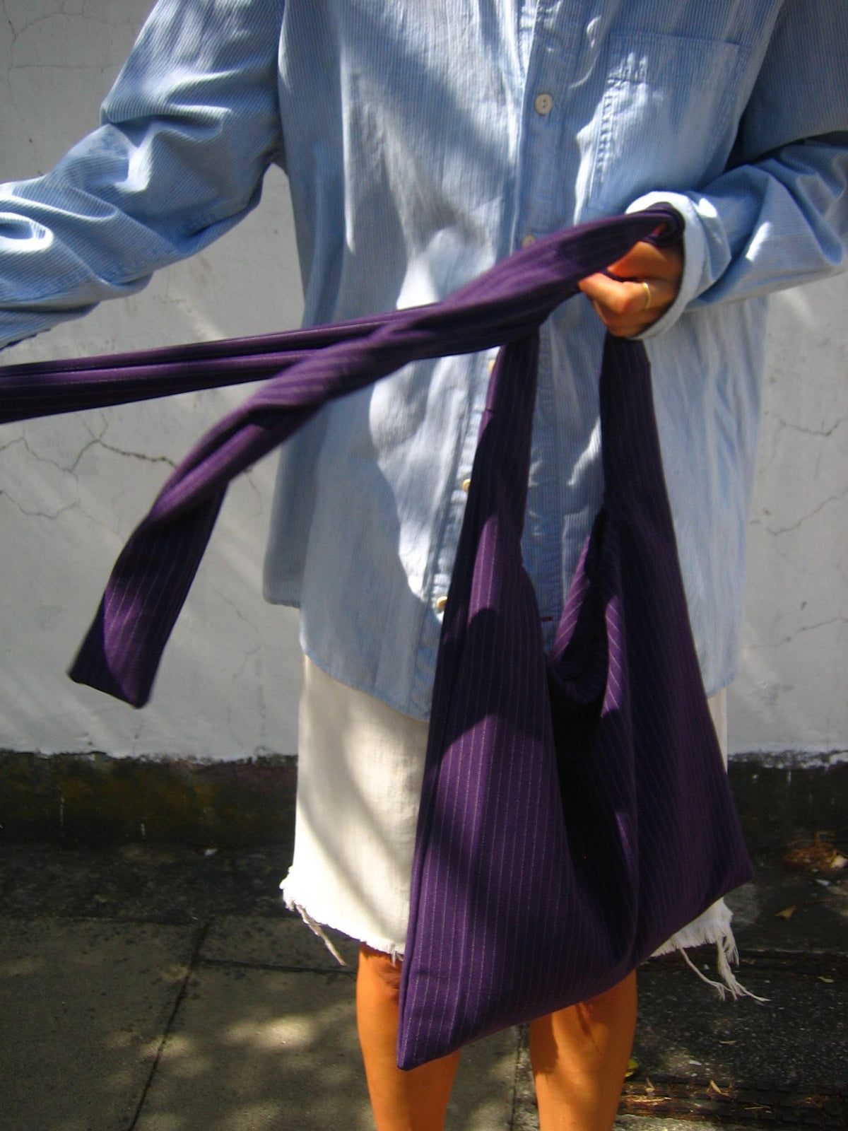 Pinstripe Crossbody Tote in Aubergine Georgette