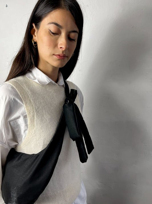 Luccichio Crossbody Sling Bag in Metallic Black Stretch Taffeta
